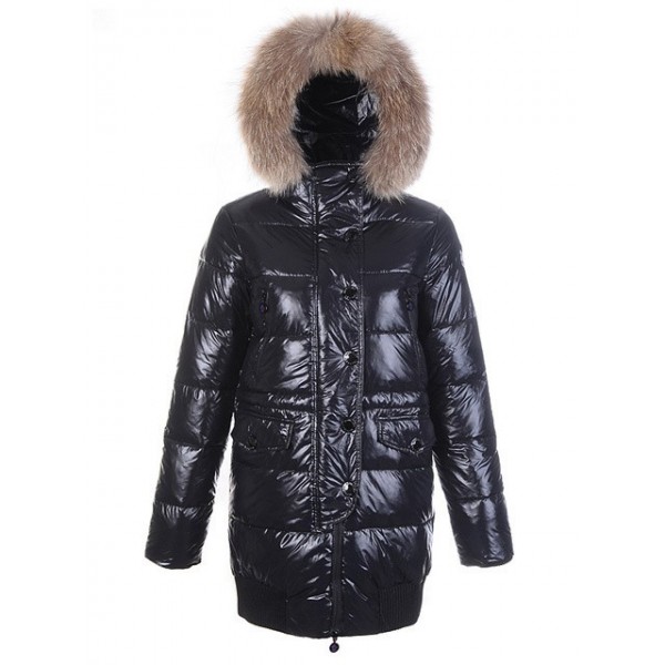 Moncler Nero Fur Cap and slash lunga Cappotti uscita